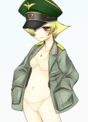 Rule 34 | 10s, 1girl, bikini, blonde hair, blush, erwin (girls und panzer), girls und panzer, goggles, goggles on head, hands in pockets, hat, hifumi (vivian), highres, jacket, jewelry, long sleeves, looking at viewer, military, necklace, no pants, open clothes, open jacket, peaked cap, short hair, smile, solo, standing, swimsuit, uniform, white background, yellow bikini, yellow eyes