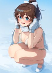 Rule 34 | 1girl, bikini, blue eyes, blush, bow, breath, brown hair, covering own ears, fringe trim, full body, hair bow, high heels, idolmaster, idolmaster million live!, idolmaster million live! theater days, kamille (vcx68), looking at viewer, mary janes, medium hair, mittens, open mouth, ponytail, satake minako, scarf, shoes, smile, snow, snowing, solo, squatting, swimsuit, white bikini, white bow, white footwear, white mittens, white scarf
