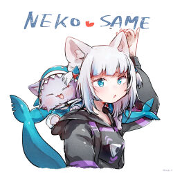 Rule 34 | 1girl, animal, animal ears, animal on shoulder, black hoodie, blush, cat, cat ears, cat on shoulder, commentary request, cosplay, costume switch, fins, fish tail, gawr gura, gawr gura (1st costume), hair ornament, highres, hololive, hololive english, hood, hoodie, ikayaki (ikayaki4), nekomata okayu, nekomata okayu (1st costume), nekomata okayu (cat), nekomata okayu (cosplay), shark hair ornament, shark tail, simple background, tail, two side up, virtual youtuber, white background
