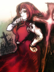 Rule 34 | 1girl, bad id, bad pixiv id, cong1991, cross, female focus, hand on own hip, hand to own mouth, hip focus, long sleeves, looking at viewer, okazaki yumemi, phantasmagoria of dim.dream, red hair, skirt, skirt set, smirk, solo, touhou, touhou (pc-98)
