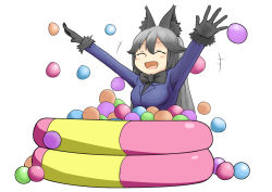 Rule 34 | 10s, animal ears, arms up, bad id, bad pixiv id, ball, ball pit, black bow, black hair, blush, bow, bowtie, closed eyes, fox ears, fur trim, gloves, gradient hair, grey hair, happy, highres, jacket, kemono friends, kemono friends pavilion, long hair, multicolored hair, nitouryuu sankakkei, open mouth, playground equipment (kemono friends pavilion), silver fox (kemono friends), smile, solo