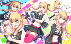 +_+ 1girl :d :o aqua_eyes arm_behind_back arm_up arm_warmers ball bare_shoulders baseball_glove belt bike_shorts_under_skirt black_shirt black_skirt black_vest blonde_hair blush breasts cali_(cali_me202) character_request cherry clothes_writing commentary_request cowboy_shot crop_top drop_shadow food fruit full_body hair_between_eyes holding holding_ball holding_spoon hood hood_down hooded_shirt iroha_tsuki long_hair looking_at_viewer medium_breasts midriff navel open_clothes open_mouth open_vest pink_belt pink_thighhighs pleated_skirt pudding shadow shirt shoes sidelocks single_arm_warmer skindentation skirt smile sneakers spoon standing standing_on_one_leg teeth thighhighs throwing tribe_nine twintails upper_teeth_only vest white_shoes zettai_ryouiki