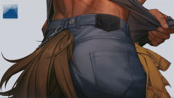 Rule 34 | 1boy, alternate costume, arknights, ass, ass focus, bara, body hair, chain, close-up, clothes lift, cow boy, cow tail, denim, from behind, highres, jeans, lifting own clothes, likaou, male focus, matterhorn (arknights), pants, scar, scar on back, shirt lift, simple background, solo, tail