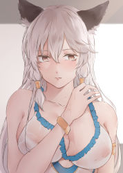 Rule 34 | 1girl, animal ear fluff, animal ears, bad id, bad pixiv id, breasts, brown eyes, cat ears, cleavage, covered erect nipples, granblue fantasy, grey hair, hair between eyes, heles, heles (summer) (granblue fantasy), highres, large breasts, long hair, rifu (643763873), see-through, sidelocks, solo, swimsuit, upper body, wet, wet clothes, wet swimsuit