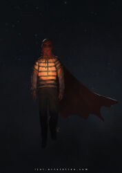 Rule 34 | 1boy, absurdres, artstation username, brightburn, brightburn (character), cape, dress, flying, full body, glowing, glowing eyes, highres, lace, looking at viewer, looking down, male focus, mask, night, night sky, pinafore dress, red cape, red eyes, red mask, shirt, signature, sky, sleeveless, sleeveless dress, solo, star (sky), starry sky, striped clothes, striped shirt, supervillian, watermark, web address, zulkarnaen hasan basri