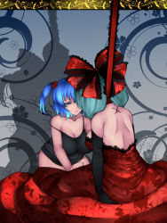 Rule 34 | 2girls, absurdres, alternate costume, aoshima, bare back, bare shoulders, black gloves, blue eyes, blue hair, breasts, camisole, cleavage, commentary request, dress, elbow gloves, frilled ribbon, frills, from behind, gloves, green hair, hair bobbles, hair ornament, hair ribbon, highres, kagiyama hina, kawashiro nitori, large breasts, leaf print, looking at another, multiple girls, no headwear, no headwear, parted lips, red dress, red ribbon, ribbon, shadow, strap slip, touhou