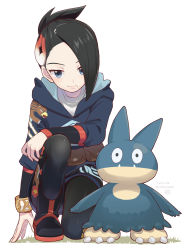 Rule 34 | 1girl, black footwear, black hair, black pantyhose, blue eyes, boots, bracelet, character print, chiba sadoru, closed mouth, commentary request, creatures (company), dated, eyelashes, game freak, gen 2 pokemon, gen 4 pokemon, grey jacket, grey skirt, hair over one eye, highres, jacket, jewelry, looking at viewer, mai (pokemon), mole, mole under mouth, munchlax, nintendo, on one knee, pantyhose, pokemon, pokemon (creature), pokemon legends: arceus, short hair, skirt, smile, twitter username, ursaring