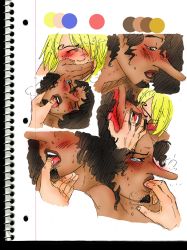 Rule 34 | 2boys, blindfold, blush, cum, facial hair, highres, lips, long nose, male focus, multiple boys, one piece, orgasm, sanji (one piece), sweat, tongue, tongue out, usopp, yaoi, yellow eyes