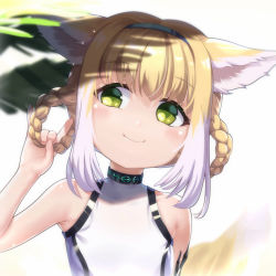 Rule 34 | 1girl, \n/, animal ears, arknights, bare arms, bare shoulders, blonde hair, blue hairband, blurry, blurry background, blush, braid, braided hair rings, closed mouth, depth of field, fox shadow puppet, green eyes, hair between eyes, hair rings, hairband, hand up, head tilt, highres, holding, holding own hair, infection monitor (arknights), leotard, looking away, looking to the side, material growth, multicolored hair, oripathy lesion (arknights), revision, simple background, smile, solo, suzuran (arknights), tail, tail raised, twin braids, two-tone hair, upper body, white background, white hair, white leotard, white ph
