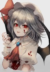 Rule 34 | 1girl, :o, absurdres, ascot, bat wings, blood, blood on clothes, blood on face, breasts, brooch, cropped torso, grey background, grey hair, hat, highres, jewelry, maho moco, mob cap, red eyes, remilia scarlet, short hair, simple background, small breasts, solo, touhou, upper body, wings