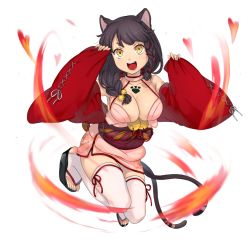 Rule 34 | 1girl, animal ears, bell, braid, cat ears, cat tail, chest tattoo, full body, hair bell, hair ornament, multiple tails, nekomata (youkai hyakki-tan!), non-web source, official art, open mouth, solo, tail, tattoo, thighhighs, white thighhighs, yellow eyes, youkai hyakki-tan!
