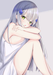 Rule 34 | 1girl, :o, absurdres, arms on knees, blunt bangs, blush, breasts, facial mark, girls&#039; frontline, green eyes, hair ornament, highres, hk416 (girls&#039; frontline), kei (limitedgirl), large breasts, long hair, looking at viewer, naked towel, open mouth, sideboob, silver hair, sitting, solo, teardrop, thighs, towel, very long hair