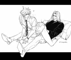 2boys anal_fingering blush closed_eyes clothed_sex cloud_strife cum ejaculating_while_penetrated ejaculation erection final_fantasy final_fantasy_vii fingering glasses handsfree_ejaculation heart heavy_breathing highres male_focus male_penetrated motion_lines multiple_boys necktie no_pants orgasm parted_bangs penis reverse_cowgirl_position sephiroth sex straddling testicles tomgoblin watch wristwatch yaoi