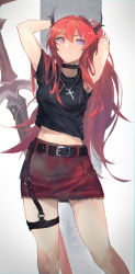 Rule 34 | 1girl, adjusting hair, arknights, arms up, belt, belt buckle, black shirt, buckle, choker, commentary, cowboy shot, cross, cross necklace, english commentary, glowing, glowing eyes, hair between eyes, hand up, highres, horns, jewelry, kamatpit, long hair, looking at viewer, looking back, midriff, navel, necklace, official alternate costume, purple eyes, red hair, red skirt, shirt, short sleeves, simple background, skirt, solo, surtr (arknights), sword, thigh strap, thighs, weapon, white background