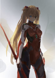 Rule 34 | 1girl, absurdres, blue eyes, bodysuit, breasts, cell (acorecell), curvy, evangelion: 3.0 you can (not) redo, eyepatch, hair between eyes, highres, holding, holding weapon, interface headset, long hair, looking at viewer, medium breasts, multicolored bodysuit, multicolored clothes, neon genesis evangelion, orange hair, plugsuit, polearm, rebuild of evangelion, red bodysuit, solo, souryuu asuka langley, twintails, very long hair, weapon