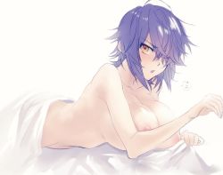 Rule 34 | 1girl, ahoge, areola slip, artist name, bed, bed sheet, blush, breasts, kantai collection, large breasts, lying, no eyepatch, nude, on back, open mouth, purple hair, short hair, simple background, solo, tenryuu (kancolle), toomiriku, white background, yellow eyes