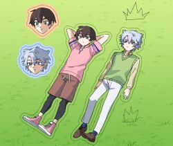 Rule 34 | 2boys, arms behind head, arms up, blue hair, brown shorts, closed mouth, collared shirt, commentary request, full body, grass, green background, green eyes, green sweater vest, hughie (pretty series), ibuki touma, leggings, long sleeves, lying, male focus, moshao (sarada1717), multicolored hair, multiple boys, on back, on grass, pants, pink footwear, pink hair, pink shirt, pretty series, shirt, shoes, short hair, shorts, smile, sneakers, streaked hair, sweater vest, waccha primagi!, white pants