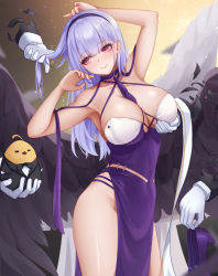 Rule 34 | 1girl, arms up, azur lane, bare shoulders, black suit, black wings, blush, breasts, cleavage, closed mouth, criss-cross halter, dido (anxious bisque doll) (azur lane), dido (azur lane), disembodied hand, dress, feathered wings, formal, gloves, hairband, halter dress, halterneck, headband, highres, large breasts, large wings, long dress, long hair, long sleeves, looking at viewer, manjuu (azur lane), multiple hands, purple dress, purple eyes, purple hairband, purple headband, silver hair, smile, suit, thighs, wei xiao, white gloves, wings