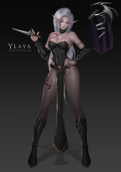 Rule 34 | 1girl, armlet, armored boots, bare shoulders, belt, black background, black leotard, boots, breasts, character name, choker, collarbone, dagger, dark elf, dragon, elf, facial tattoo, felox08, flag, hand on own hip, heroes of might and magic, heroes of might and magic v, holding, holding weapon, jewelry, knife, large breasts, leg tattoo, leotard, lipstick, long hair, looking at viewer, makeup, might and magic, narrow waist, necklace, no bra, no panties, pale skin, pantyhose, pelvic curtain, pointy ears, red eyes, shadow, shoulder tattoo, skull, snake tattoo, solo, standing, tattoo, vambraces, weapon, white hair, ylaya