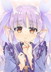 Rule 34 | 1girl, blush, brown eyes, closed mouth, commentary request, hair ribbon, hands up, japanese clothes, kimono, kyoka (princess connect!), long hair, long sleeves, pointy ears, princess connect!, purple hair, purple kimono, purple ribbon, ribbon, ribbon trim, sasakura, see-through, smile, solo, twintails, upper body, very long hair