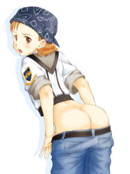 Rule 34 | 00s, 1girl, ass, bandana, belt, brown eyes, brown hair, clothes pull, denim, gunparade march, hamao, jeans, looking back, mori seika, pants, pants pull, pulling own clothes, solo, undressing