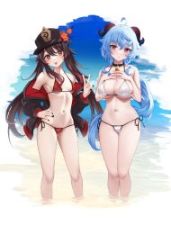 Rule 34 | 2girls, :p, bikini, blue hair, blue sky, breasts, cleavage, flower, flower-shaped pupils, ganyu (genshin impact), genshin impact, goat horns, hand on own hip, hat, hat flower, highres, horns, hu tao (genshin impact), jacket, long hair, looking at viewer, medium breasts, momendoufu, multiple girls, navel, off shoulder, open clothes, open jacket, plum blossoms, porkpie hat, red bikini, sky, stomach, string bikini, swimsuit, symbol-shaped pupils, thighs, tongue, tongue out, v, wading, water, white background, white bikini
