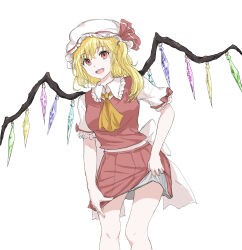 Rule 34 | 1girl, :d, ascot, back bow, bare legs, blonde hair, bow, breasts, clothes pull, crystal, feet out of frame, flandre scarlet, frilled shirt collar, frills, happy, hat, highres, kashiwada kiiho, lifting own clothes, long hair, looking at viewer, medium hair, miniskirt, mob cap, one side up, open mouth, red bow, red eyes, red skirt, red vest, short sleeves, simple background, skirt, skirt pull, skirt set, small breasts, smile, solo, touhou, vest, white background, white bow, wings, yellow ascot