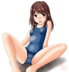 Rule 34 | 1girl, barefoot, blush, breasts, brown hair, female focus, hoshino yuumi, kimi kiss, neopure, one-piece swimsuit, school swimsuit, sitting, solo, spread legs, swimsuit, white background