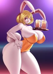 Rule 34 | 1girl, blonde hair, breasts, carrot (one piece), cleavage, curvy, furry, gradient background, highleg, highleg leotard, highres, huge breasts, large breasts, leotard, looking at viewer, mleonheart, one eye closed, one piece, orange leotard, playboy bunny, rabbit ears, rabbit girl, rabbit tail, shiny clothes, smile, solo, thong leotard, wide hips, wink
