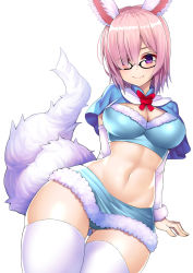 Rule 34 | 1girl, animal ears, arm support, black-framed eyewear, blue panties, blush, breasts, capelet, cleavage, closed mouth, contrapposto, cosplay, cowboy shot, detached sleeves, eyes visible through hair, fate/grand order, fate (series), fou (fate), fou (fate) (cosplay), fur trim, glasses, hair over one eye, highres, large breasts, light purple hair, looking at viewer, mash kyrielight, midriff, miniskirt, nano (syoutamho), navel, official alternate costume, panties, pink hair, purple eyes, short hair, simple background, skirt, smile, solo, standing, tail, thick thighs, thighhighs, thighs, underwear, white background, white thighhighs