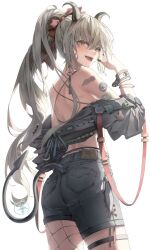 Rule 34 | 1girl, arm tattoo, asymmetrical pants, bracelet, cropped jacket, demon horns, demon tail, fishnets, from behind, grey hair, grey jacket, grey shorts, high ponytail, highres, horns, jacket, jewelry, long hair, looking at viewer, looking back, off shoulder, open mouth, original, ponytail, ruda (ruda e), shorts, shoulder blades, simple background, solo, tail, tattoo, thigh strap, white background, yellow eyes
