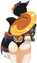 Rule 34 | 1girl, alternate color, android, armor, ass, blonde hair, capcom, from behind, highres, huge ass, hyoumaru, marino (mega man), mega man (series), mega man x: command mission, mega man x (series), ninja, robot, robot ears, simple background, solo, thick thighs, thighs, white background, wide hips