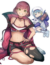 2girls ahoge blue_hair blue_jacket blush boots breasts brown_eyes cleavage clenched_teeth closed_mouth demon_girl demon_wings duel_monster evil_twin_ki-sikil hand_on_own_hip hat holding holding_phone holding_stuffed_toy hugging_object ishii_(young-moon) jacket ki-sikil_(yu-gi-oh!) large_breasts lil-la_(yu-gi-oh!) live_twin_lil-la midriff multiple_girls navel open_mouth phone pink_hair pink_jacket short_shorts shorts simple_background stuffed_animal stuffed_toy teeth torn_clothes white_background wings yellow_eyes yu-gi-oh!