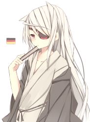 Rule 34 | 10s, 1girl, bad id, bad pixiv id, blush, eyepatch, female focus, folding fan, germany, hand fan, infinite stratos, japanese clothes, kimono, laura bodewig, long hair, meet neet, red eyes, silver hair, simple background, solo, very long hair, white background