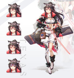1girl, absurdres, animal ears, arknights, black hair, black jacket, breasts, cleavage, crop top, cropped jacket, detached collar, detached sleeves, expressions, fingerless gloves, food, fur trim, gloves, hair ornament, hairclip, highres, holding, holding sword, holding weapon, jacket, large breasts, long hair, looking at viewer, mechanical arms, mechanical legs, midriff, mouth hold, open clothes, open jacket, pocky, ponytail, red eyes, red gloves, scaleph, shirt, shorts, single mechanical arm, single mechanical leg, sleeveless, sleeveless shirt, solo, standing, stomach, strap, sword, tail, taut clothes, taut shirt, texas (arknights), weapon, white shirt, white shorts, wolf ears, wolf girl, wolf tail, zoom layer