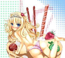 Rule 34 | 1girl, andrew (duel angel), ass, blonde hair, blue eyes, blush, breasts, dessert, duel monster, food, fruit, image sample, long hair, looking at viewer, looking back, madolche, madolche puddingcess, nipples, panties, pixiv sample, solo, strawberry, thighhighs, tiara, topless, underwear, underwear only, yu-gi-oh!