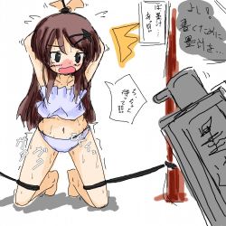 Rule 34 | 1girl, arms up, barefoot, bdsm, black eyes, blue panties, blue tube top, blush, bondage, bottle, bound, bound wrists, brown hair, collarbone, embarrassed, female focus, full body, hair ornament, hairclip, have to pee, japanese text, jirene, kneeling, long hair, midriff, navel, nose blush, open mouth, original, own hands together, panties, rope, shuriken, simple background, sketch, solo, speech bubble, strapless, sweat, talking, tears, text focus, translated, trembling, tube top, underwear, weapon, white background