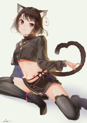 Rule 34 | 1girl, :3, animal ears, asymmetrical legwear, bell, belt, black footwear, black hair, black shirt, black shorts, black thighhighs, blouse, boots, cat ears, cat girl, cat tail, commentary request, ear piercing, earrings, facial mark, garter straps, heart, heart tattoo, high heel boots, high heels, highres, jewelry, long sleeves, looking at viewer, midriff, mismatched legwear, nail polish, navel, original, piercing, red eyes, saraki, shirt, short hair, short shorts, shorts, signature, simple background, smile, solo, stomach, striped clothes, striped thighhighs, tail, tattoo, thighhighs, thighs, vertical-striped clothes, vertical-striped thighhighs, white background