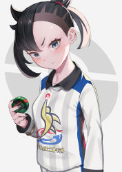 Rule 34 | 1girl, absurdres, asymmetrical bangs, black hair, black nails, blush, breasts, closed mouth, creatures (company), dusk ball, ebinomi, game freak, green eyes, highres, holding, holding poke ball, jersey, long hair, looking at viewer, marnie (pokemon), nail polish, nintendo, poke ball, poke ball symbol, pokemon, pokemon swsh, print shirt, shirt, small breasts, solo, striped clothes, striped shirt, twintails, two side up, upper body, v-shaped eyebrows, vertical-striped clothes, vertical-striped shirt