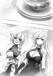 Rule 34 | 2girls, azur lane, belfast (azur lane), blush, braid, breasts, cleavage, cleavage cutout, closed mouth, clothing cutout, collarbone, dress, earrings, edinburgh (azur lane), elbow gloves, glasses, gloves, greyscale, highres, holding hands, jewelry, large breasts, long hair, looking away, monochrome, multiple girls, novel illustration, official art, open mouth, raiou, round eyewear, smile