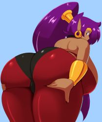 Rule 34 | 1girl, ass, ass focus, ass hold, bracelet, breasts, earrings, hands on ass, highres, huge ass, huge breasts, jewelry, long ears, looking at viewer, purple hair, shantae, shantae (series), smile, solo