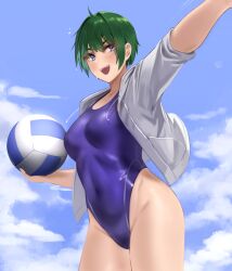 Rule 34 | 1girl, ahoge, arm up, ball, blue eyes, blue one-piece swimsuit, blush, breasts, competition swimsuit, covered navel, cowboy shot, green hair, grey jacket, hair ornament, hairclip, highres, holding, holding ball, hunyan, jacket, looking at viewer, medium breasts, one-piece swimsuit, open clothes, open jacket, open mouth, original, outstretched arm, short hair, signature, solo, swimsuit, thighs, v-shaped eyebrows, volleyball, volleyball (object)