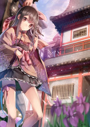 Rule 34 | 1girl, architecture, bird, bird on hand, black hair, black skirt, blurry, bow, brown eyes, day, depth of field, east asian architecture, floral print, flower, frilled skirt, frills, from below, from side, grass, hair bow, hair ribbon, highres, house, hydrangea, iris (flower), japanese clothes, kimono, lantern, large bow, leg ribbon, light particles, long hair, long sleeves, looking at viewer, looking down, miniskirt, obi, original, outdoors, pink sash, pleated skirt, ribbon, saraki, sash, short kimono, sidelocks, signature, skirt, sky, smile, solo, thigh ribbon, tress ribbon, very long hair