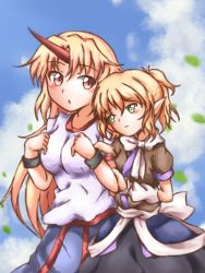 Rule 34 | 2girls, arm warmers, bad id, bad pixiv id, blonde hair, blue sky, blush, cloud, day, dress, green eyes, hand on another&#039;s arm, head on another&#039;s shoulder, horns, hoshiguma yuugi, layered dress, leaf, locked arms, long hair, mizuhashi parsee, multiple girls, nekomanma (marisa0427), open mouth, outdoors, parted lips, pointy ears, red eyes, shirt, short hair, short ponytail, short sleeves, single horn, skirt, sky, touhou, wristband, yuri