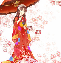 Rule 34 | 1girl, ai (boredom), aqua eyes, black hair, blunt bangs, blush, female focus, floral print, flower, gintama, hair ornament, holding, holding umbrella, japanese clothes, kimono, long hair, long sleeves, open mouth, patterned, patterned background, plant, red kimono, red umbrella, solo, standing, tokugawa soyo, umbrella, white background, wide sleeves