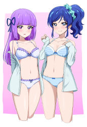 Rule 34 | 2girls, acchi (koiyimknp), aikatsu!, aikatsu! (series), arms behind back, bare shoulders, blue bra, blue eyes, blue hair, blue panties, blue ribbon, blue shirt, blunt bangs, blush, bra, breasts, cleavage, closed mouth, collarbone, cropped legs, frilled bra, frills, hair ornament, hair ribbon, hair scrunchie, hand on own chest, hands up, heart, highres, hikami sumire, kiriya aoi, long hair, long sleeves, looking at viewer, medium breasts, multiple girls, navel, off shoulder, open clothes, open shirt, panties, parted lips, pink background, purple eyes, purple hair, ribbon, ribbon bra, ribbon panties, scrunchie, shirt, sidelocks, simple background, sleeves past wrists, smile, stomach, straight hair, striped bra, striped clothes, striped panties, sweatdrop, swept bangs, thighs, underwear, white bra