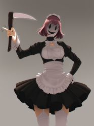 Rule 34 | 1girl, aconitea, apron, black dress, bow, bowtie, breasts, dress, facing viewer, frilled apron, frills, garter straps, grey background, hand on own hip, highres, holding, holding weapon, long sleeves, maid-fuku kamen, maid headdress, maid mask, mask, medium breasts, mouth mask, pleated dress, pointing, purple hair, scythe, short hair, simple background, solo, standing, tenkuu shinpan, thighhighs, tsundere, waist apron, weapon, white apron, white headdress, white thighhighs