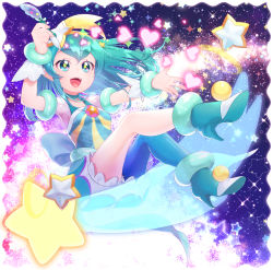 Rule 34 | 1girl, :d, absurdres, back bow, bloomers, blue bow, blue eyes, blue footwear, blue hair, blue pantyhose, bow, cure milky, hagoromo lala, hair ornament, hairband, heart, high heels, highres, holding, holding pen, looking away, magical girl, open mouth, pantyhose, pen, precure, puffy sleeves, see-through, see-through sleeves, shoes, shooting star hair ornament, short hair, single leg pantyhose, sky, smile, solo, star (sky), star (symbol), star hair ornament, star in eye, star twinkle precure, starry sky, symbol in eye, underwear, wrist cuffs, yellow hairband, yupiteru