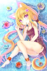 Rule 34 | 1girl, absurdres, animal ears, babydoll, bare arms, barefoot, blonde hair, blue flower, blue rose, bow, buckle, colored eyelashes, dress, flower, fox ears, fox tail, frills, from above, full body, hair flower, hair ornament, highres, long hair, low twintails, lying, lying on water, ming (3952862), original, panties, pink flower, pink rose, purple eyes, red flower, red rose, rose, solo, sparkle, tail, tears, twintails, underwear, very long hair, water, white panties, yellow flower, yellow rose