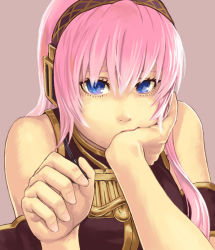 Rule 34 | 1girl, bad id, bad pixiv id, bare shoulders, blue eyes, bored, eyelashes, head rest, long hair, megurine luka, pink hair, simple background, solo, vocaloid, yuuji (and)